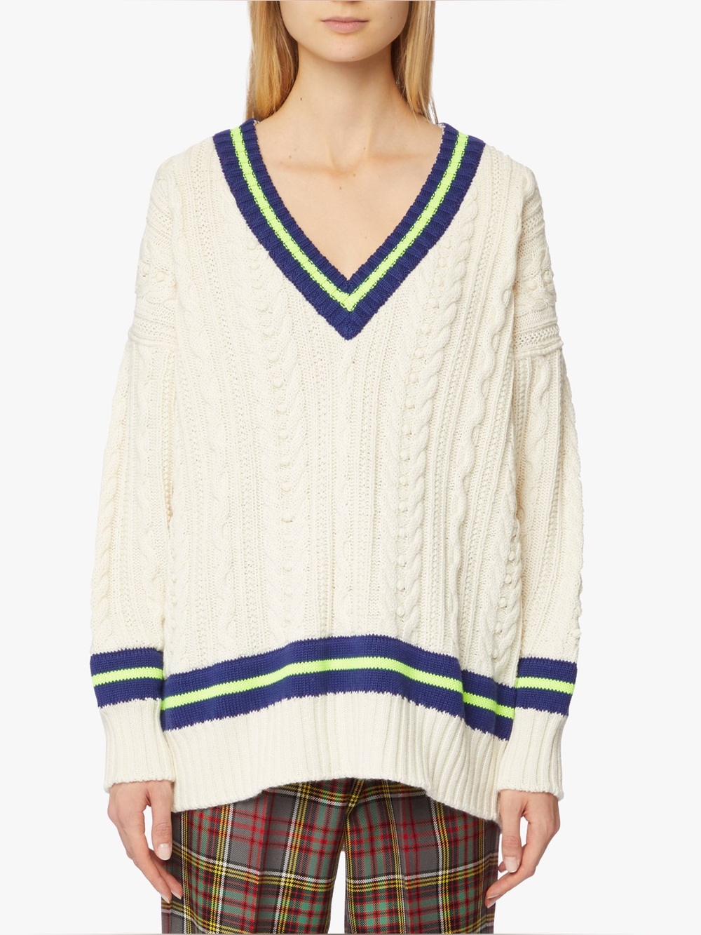 Philosophy di Lorenzo Serafini Cream Cable Knit V-neck Varsity Sweater